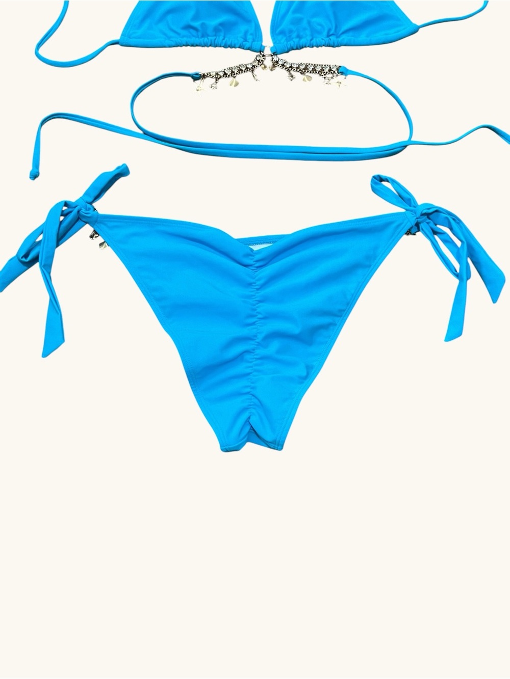 Blue Tie-Side Triangle Bikini Set with Jewel Accents - Picture 7 of 8